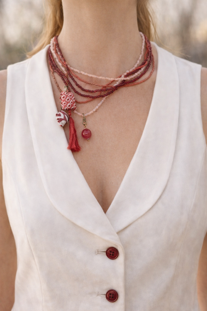 Collana Multifilo Rosa e Rossa con Pendenti